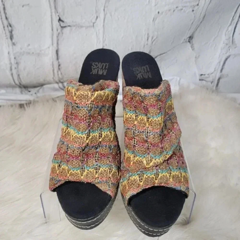 Muk Luks Womens Payton‎ Platform Wedge Sandal Boho Slip On Woven Peep Toe Sz 10